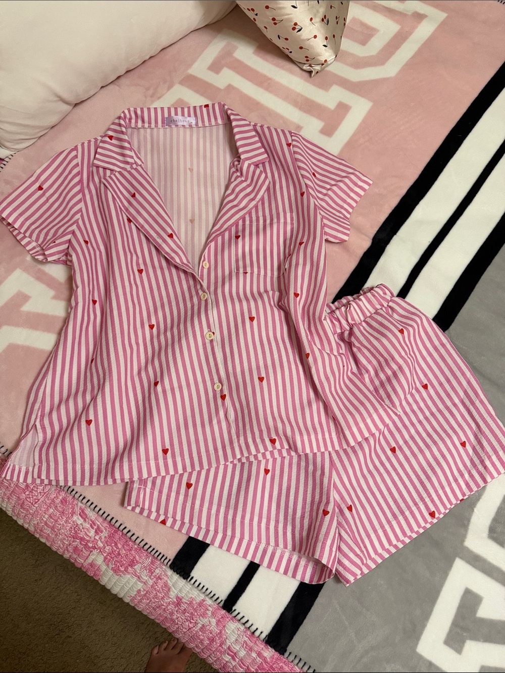 Target Pink & White Striped Short Pajama Set with Red Heart Print